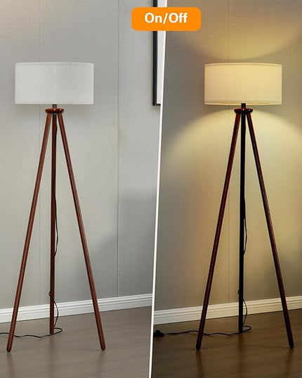 YUNHONG Tripod Floor Lamp, Dimmable Mid Century Floor Lamp Using Premium Flaxen Lamp Shade, Modern Design Standing Lamp with E26 Lamp Base, Wood Tall Floor Lamps for Living Room, Bedroom and Office - LeafyLoom