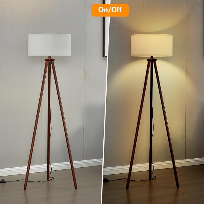 YUNHONG Tripod Floor Lamp, Dimmable Mid Century Floor Lamp Using Premium Flaxen Lamp Shade, Modern Design Standing Lamp with E26 Lamp Base, Wood Tall Floor Lamps for Living Room, Bedroom and Office - LeafyLoom