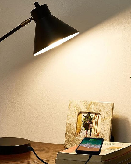 LED Desk Lamp with USB Charging Port, 100% Metal Lamp, 270° Flexible Swivel Arms, Soft White LED Reading Light (2700K), Bedside Reading Lamp, Office Lamp, Table Lamp, UL Listed (Black) - LeafyLoom