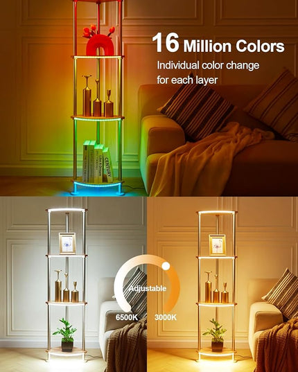 Floor Lamps with Shelves Dimmable, Corner Lamp with Shelves Height Adjustable, Corner Cabinet with Color Changing and Music Sync for Living Room - Wood Grain - LeafyLoom