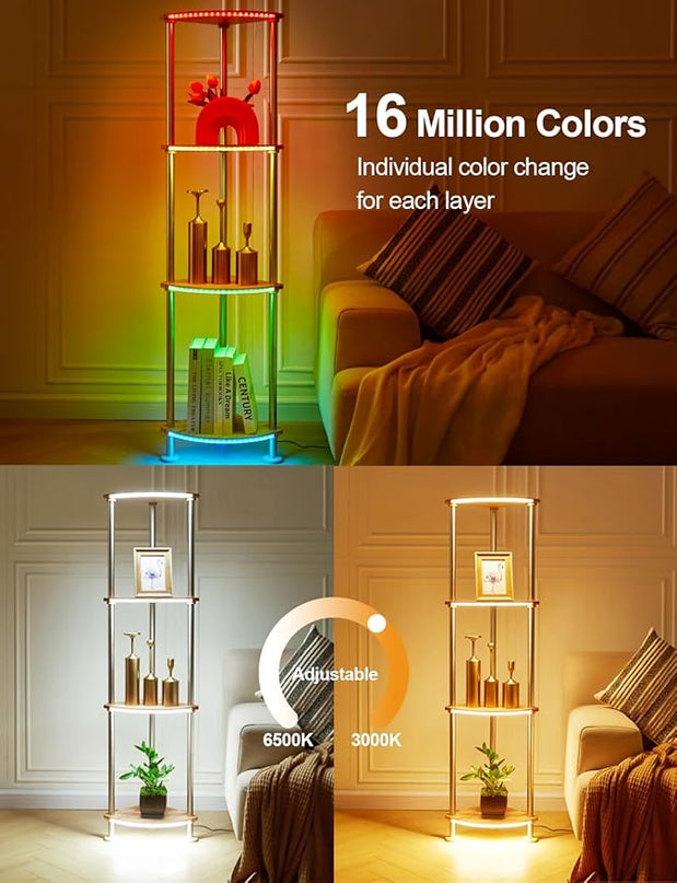 Floor Lamps with Shelves Dimmable, Corner Lamp with Shelves Height Adjustable, Corner Cabinet with Color Changing and Music Sync for Living Room - Wood Grain - LeafyLoom