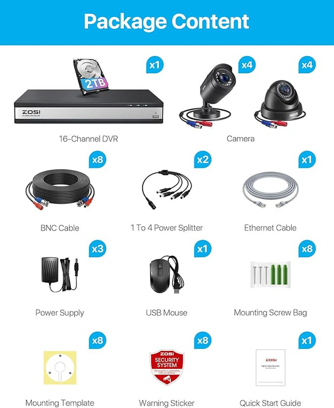 ZOSI 16CH 3K Lite Home Security Camera System,AI Human/Vehicle Detection,Night Vision,Remote Access,8pcs 1080p Outdoor Surveillance Cameras,16 Channel 1080P CCTV DVR with 2TB HDD for 24/7 Recording ZOSI