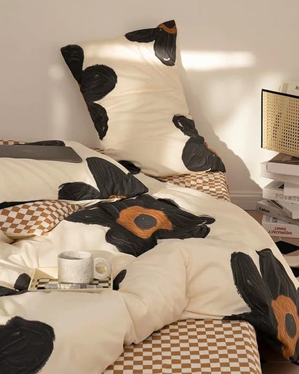 Black and White Comforter Set Black Floral Bedding King Comforter Set Hand-Drawn Flowers Cotton Women Modern Elegant Chic Quilts Blankets Lightweight Black Flower Reversible Bed Comforter Set - LeafyLoom