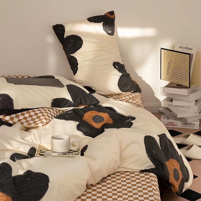 Black and White Comforter Set Black Floral Bedding King Comforter Set Hand-Drawn Flowers Cotton Women Modern Elegant Chic Quilts Blankets Lightweight Black Flower Reversible Bed Comforter Set - LeafyLoom