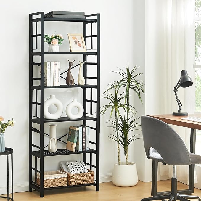 HOMBAZAAR Bookshelf,6 Tier Tall Bookshelf with Metal Frame,Open Bookshelves and Bookcases,Industrial Book Shelf for Living Room,Home Office and Bedroom,Black - LeafyLoom