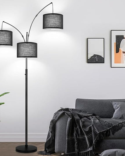 Dimmable Floor Lamp - 3 Lights Arc Floor Lamps for Living Room, 1000LM Modern Tall Standing Lamp With Black Shades & Heavy Base, Mid Century Tree Floor Lamp for Bedroom Office, 3 LED Bulbs Included - LeafyLoom