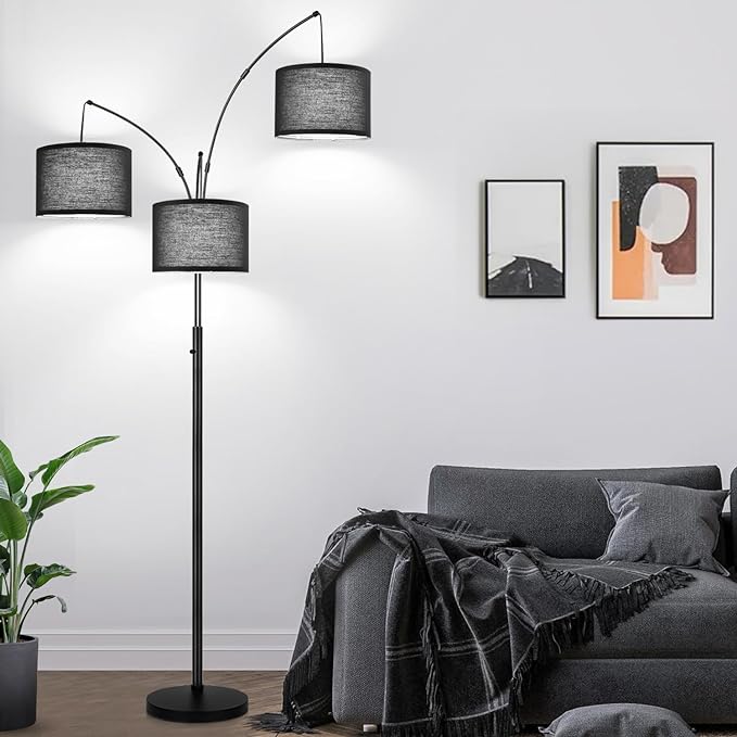 Dimmable Floor Lamp - 3 Lights Arc Floor Lamps for Living Room, 1000LM Modern Tall Standing Lamp With Black Shades & Heavy Base, Mid Century Tree Floor Lamp for Bedroom Office, 3 LED Bulbs Included - LeafyLoom