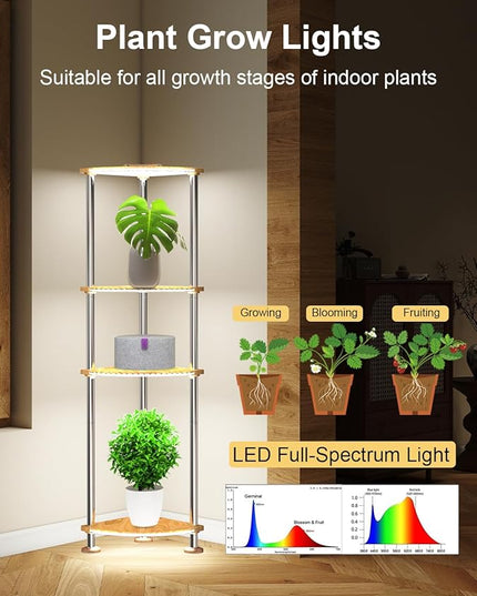 Floor Lamps with Shelves Dimmable, Corner Lamp with Shelves Height Adjustable, Corner Cabinet with Color Changing and Music Sync for Living Room - Wood Grain - LeafyLoom