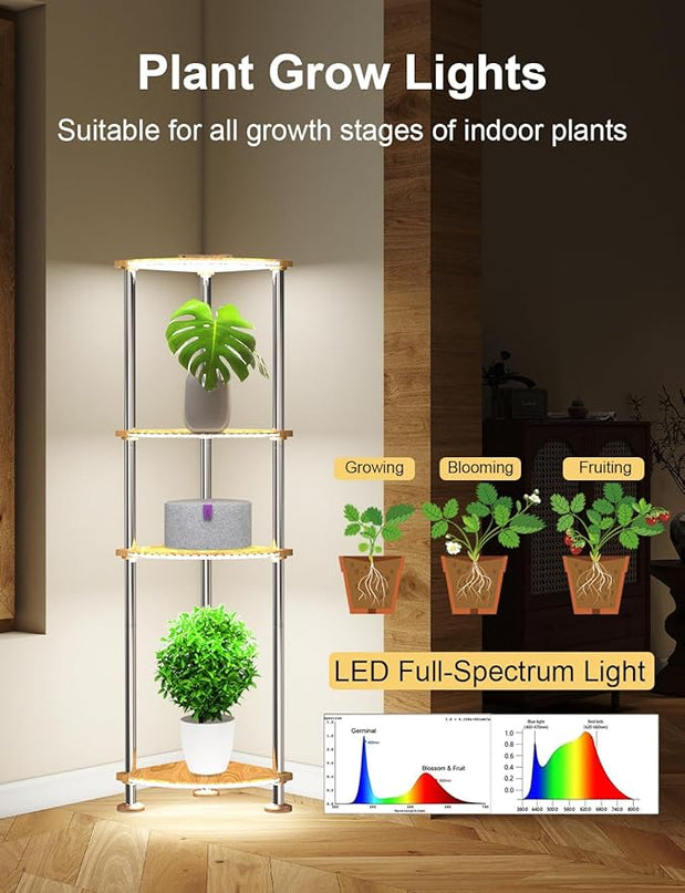 Floor Lamps with Shelves Dimmable, Corner Lamp with Shelves Height Adjustable, Corner Cabinet with Color Changing and Music Sync for Living Room - Wood Grain - LeafyLoom