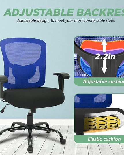 BestOffice Big and Tall Office Chair 400lbs Desk Chair Mesh Computer Chair with Lumbar Support Wide Seat Adjust Arms Rolling Swivel High Back Task Executive Ergonomic Chair for Home Office (Blue) - LeafyLoom