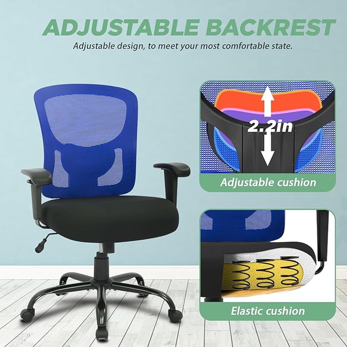 BestOffice Big and Tall Office Chair 400lbs Desk Chair Mesh Computer Chair with Lumbar Support Wide Seat Adjust Arms Rolling Swivel High Back Task Executive Ergonomic Chair for Home Office (Blue) - LeafyLoom