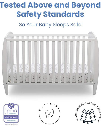 Delta Children Twinkle 4-in-1 Convertible Baby Crib, Sustainable New Zealand Wood, White and Delta Children Twinkle Galaxy Dual Sided Recycled Fiber Core Crib and Toddler Mattress (Bundle) - LeafyLoom