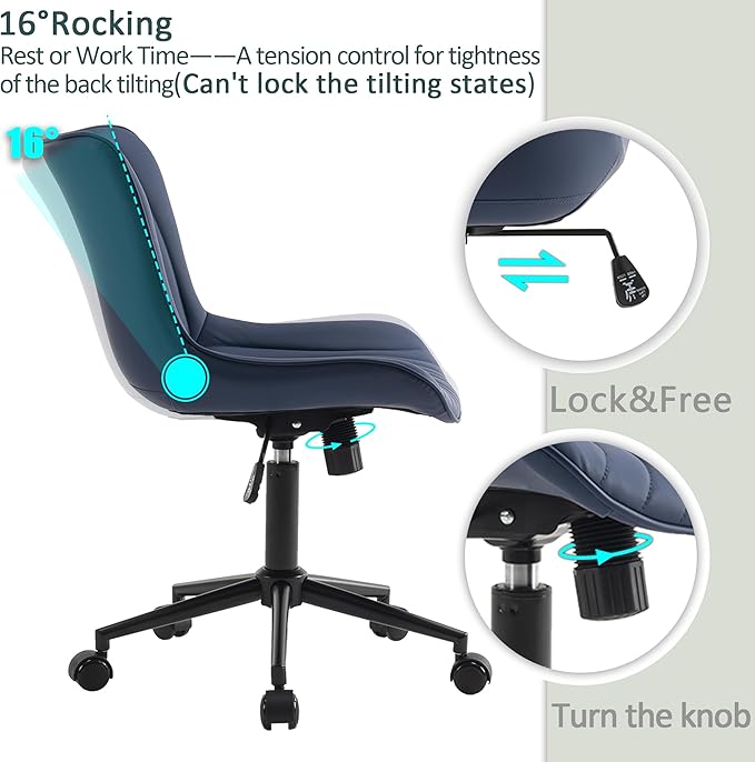 YOUTASTE Office Chair Modern Armless Desk Chair with Wheels, Height Adjustable Swivel Rocking Computer Gaming Task Chair, Upholstered Faux Leather Sewing Chair with Ergonomic Back, Navy Purple - LeafyLoom