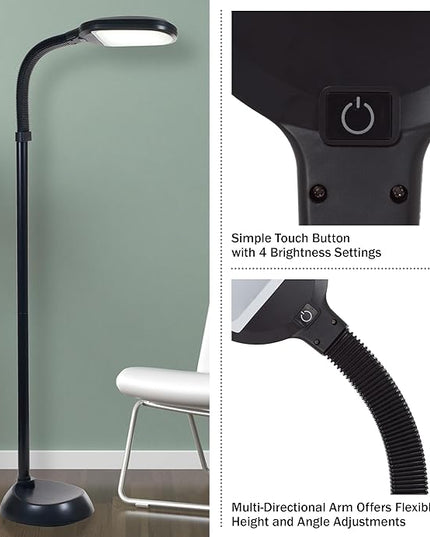 Bedford Home LED Floor Lamp - Full Spectrum Natural Sunlight Lamp with Bendable Neck - Dimmable Reading, Craft, and Esthetician Light (Midnight Black) - LeafyLoom