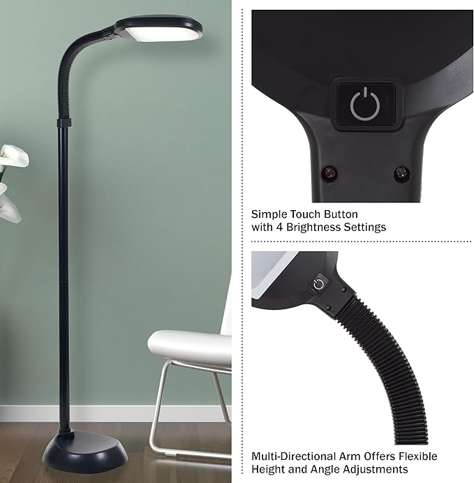 Bedford Home LED Floor Lamp - Full Spectrum Natural Sunlight Lamp with Bendable Neck - Dimmable Reading, Craft, and Esthetician Light (Midnight Black) - LeafyLoom