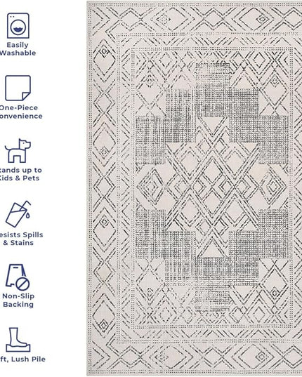 nuLOOM Mia Machine Washable Geometric Medallion Ultra Thin Area Rug, 8' x 10', Light Grey - LeafyLoom