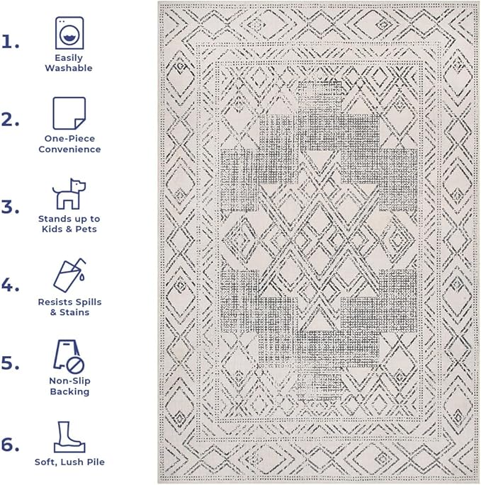 nuLOOM Mia Machine Washable Geometric Medallion Ultra Thin Area Rug, 9' x 12', Light Grey - LeafyLoom