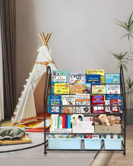 aboxoo Metal Kids Bookshelf Black Large Freestanding for Children Room 32 in Toy Organizer Large Stable Bookcase Bookstore Library Book Unit Storage Kids Bed Living Room - LeafyLoom