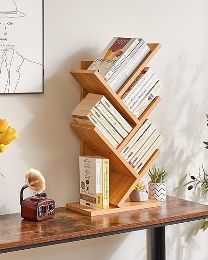 YMYNY 4 Tier Tree Bookshelf, Small Bookcase, Modern Wood Book Storage Rack, Freestanding Book shelf for Books/Movies/CDs, Narrow Display Rack for Living Room, Home Office, Natural UHBC014N - LeafyLoom
