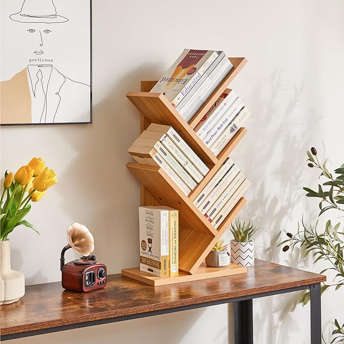 YMYNY 4 Tier Tree Bookshelf, Small Bookcase, Modern Wood Book Storage Rack, Freestanding Book shelf for Books/Movies/CDs, Narrow Display Rack for Living Room, Home Office, Natural UHBC014N - LeafyLoom