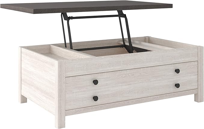 Signature Design by Ashley Dorrinson Farmhouse Lift Top Coffee Table with Storage, Antique White & Brown - LeafyLoom