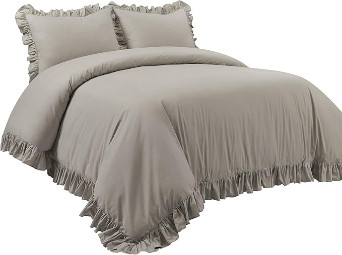 Lush Decor Reyna Ruffle 100% Cotton Duvet Cover Set - 3 Piece Cozy Ruffled Bedding Set - Timeless Elegance and Comfort - Full/ Queen, Gray - LeafyLoom