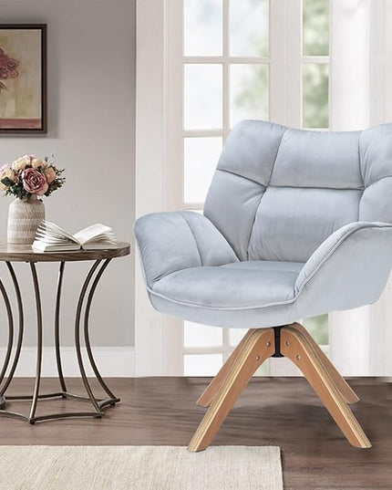 Fabric Accent Chair, Modern Cozy Vanity Chair with Wood Legs, Upholstered Single Boucle Armchair Single Sofa for Living Room Bedroom Office Guest Room Dining Room (Light Grey) - LeafyLoom