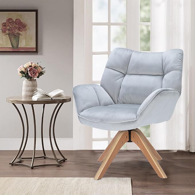 Fabric Accent Chair, Modern Cozy Vanity Chair with Wood Legs, Upholstered Single Boucle Armchair Single Sofa for Living Room Bedroom Office Guest Room Dining Room (Light Grey) - LeafyLoom