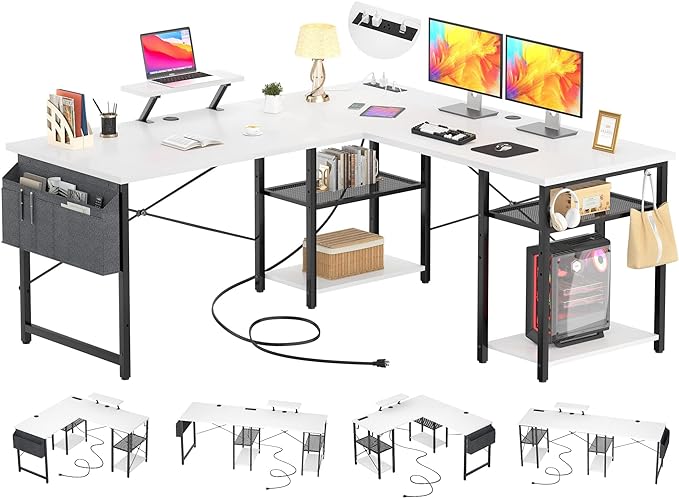 Aheaplus L Shaped Desk with Outlet and USB Charging Ports, L-Shaped Desk with Storage Shelves Reversible Corner Computer Desk 2 Person Long Table with Monitor Stand Gaming Home Office Desk, White - LeafyLoom