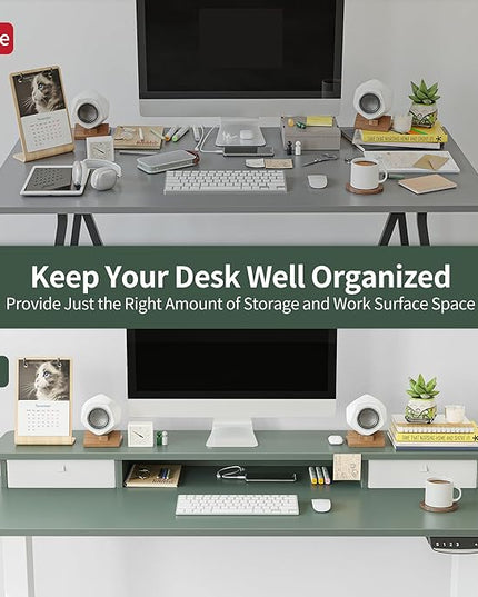 FEZIBO 55 x 24 Inch Height Adjustable Electric Standing Desk with Double Drawer, Stand Up Desk with Storage Shelf, Sit Stand Desk, Green - LeafyLoom