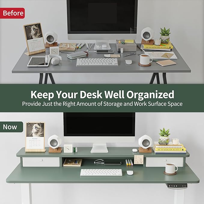 FEZIBO 55 x 24 Inch Height Adjustable Electric Standing Desk with Double Drawer, Stand Up Desk with Storage Shelf, Sit Stand Desk, Green - LeafyLoom