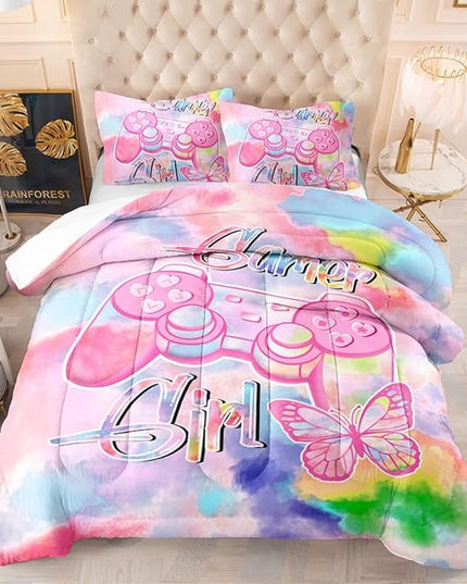 Gamer Bedding Sets for Girl Gaming Comforter Sets King Size Rainbow Tie Dye Bedroom Decor Teens Boy Kids Gamepad Bed Set Modern Game Controller Quilt Bedding - LeafyLoom