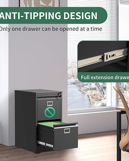 2 Drawer File Cabinet,Metal Vertical File Cabinets with Lock for Home Office,Heavy Duty Office Steel Filing Cabinet for Hanging Letters/Legal/A4, Assembly Required (Black) - LeafyLoom
