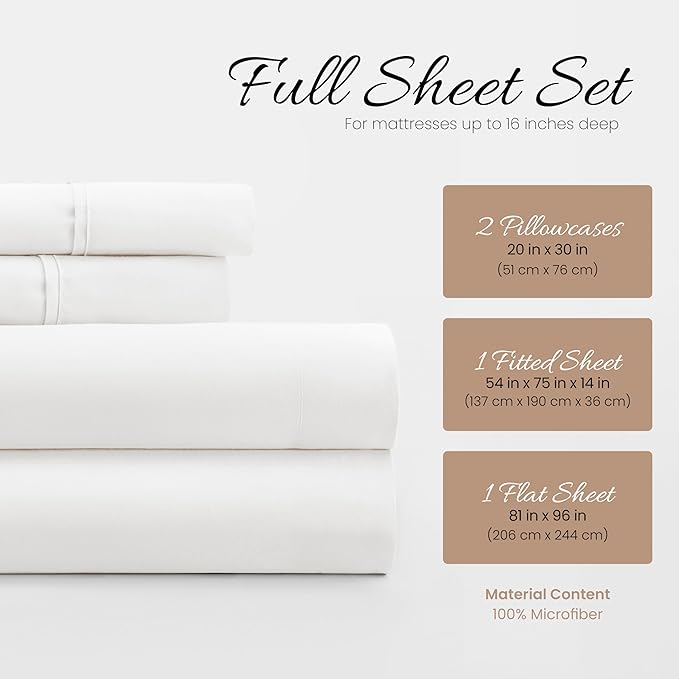 Linen Market Bed Sheets for Full Size Bed (White) - Sleep Better Than Ever with These Soft and Cooling Full Sheets - Deep Pocket Fits 16" Thick Beds - 4 Piece Full Sheet Set - LeafyLoom