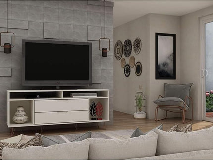 Manhattan Comfort Rockefeller Modern 2 Drawers Living Room Television Stand with Metal Legs, 62.99", Off White - LeafyLoom