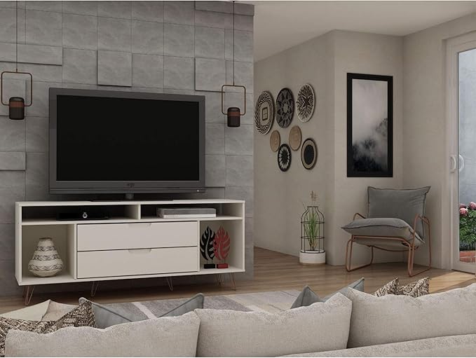 Manhattan Comfort Rockefeller Modern 2 Drawers Living Room Television Stand with Metal Legs, 62.99", Off White - LeafyLoom