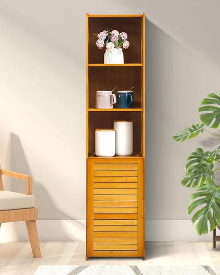 MoNiBloom 5 Tiers Bookshelf Bookcase with Door, Bamboo Narrow Freestanding Cabinet Kitchen Shelf Cupboard Storage Organizer for Home Living Room, Brown - LeafyLoom