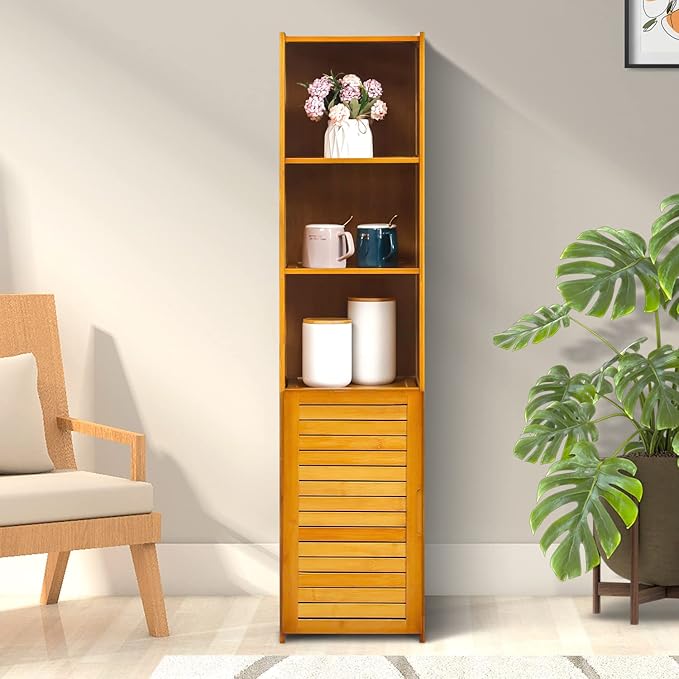 MoNiBloom 5 Tiers Bookshelf Bookcase with Door, Bamboo Narrow Freestanding Cabinet Kitchen Shelf Cupboard Storage Organizer for Home Living Room, Brown - LeafyLoom