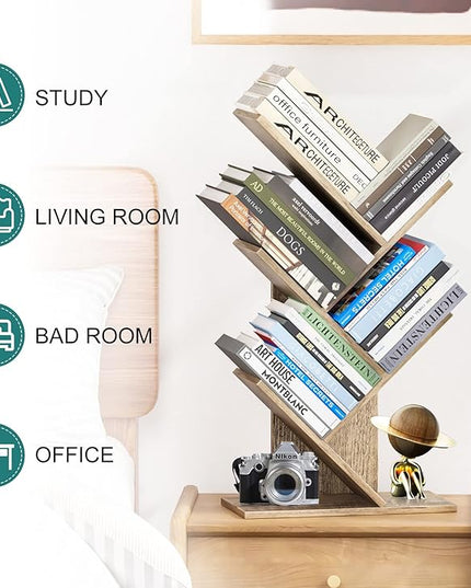Tree Bookshelf, 5 -Tier Book Storage Organizer Shelves Floor Standing Bookcase, Wood Storage Rack for Office Home School Shelf Display for Cd/Magazine (French Oak Grey) - LeafyLoom