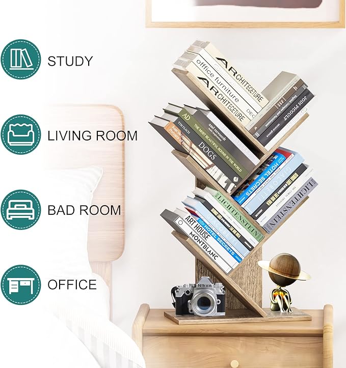 Tree Bookshelf, 5 -Tier Book Storage Organizer Shelves Floor Standing Bookcase, Wood Storage Rack for Office Home School Shelf Display for Cd/Magazine (French Oak Grey) - LeafyLoom