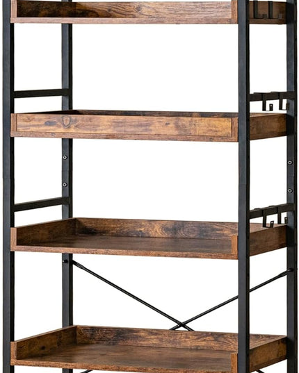 HCHQHS Adjustable 6 Tier Open Bookcase, Rustic Farmhouse Book Shelves, Industrial Wood and Black Metal Bookshelves, Mid Century Bookcase for Home Office Living Room Bedroom - LeafyLoom