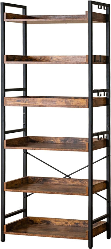 HCHQHS Adjustable 6 Tier Open Bookcase, Rustic Farmhouse Book Shelves, Industrial Wood and Black Metal Bookshelves, Mid Century Bookcase for Home Office Living Room Bedroom - LeafyLoom
