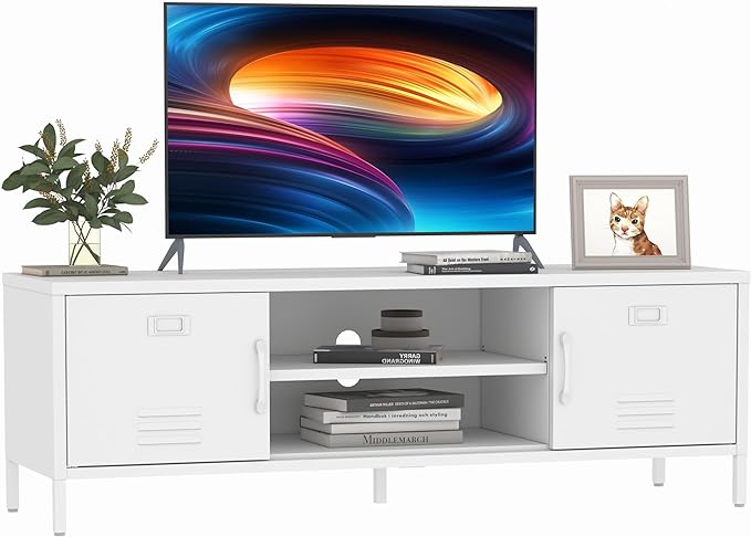 TV Stand for 55 60 inch TV, Metal TV Cabinet Modern Mid Century Entertainment Center with Storage, TV Industrial Media Console Table 2 Cabinet for Living Room, Bedroom, Office (White) - LeafyLoom