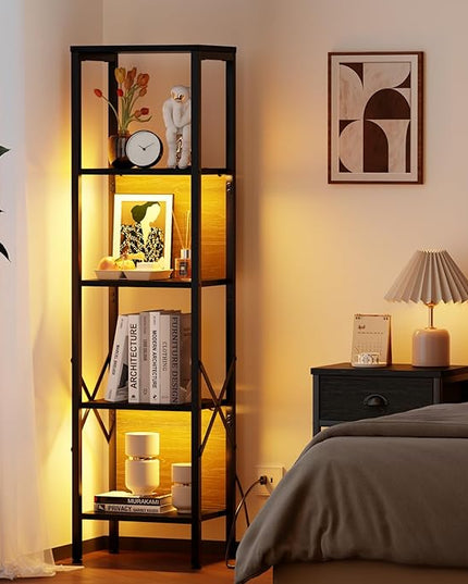 Furologee 5 Tier Book Shelf with LED Light, Tall Display Bookcase with Back, Narrow Industrial Standing Shelving Units, Metal and Wooden Storage Rack for Bedroom, Living Room, Office, Black Oak - LeafyLoom