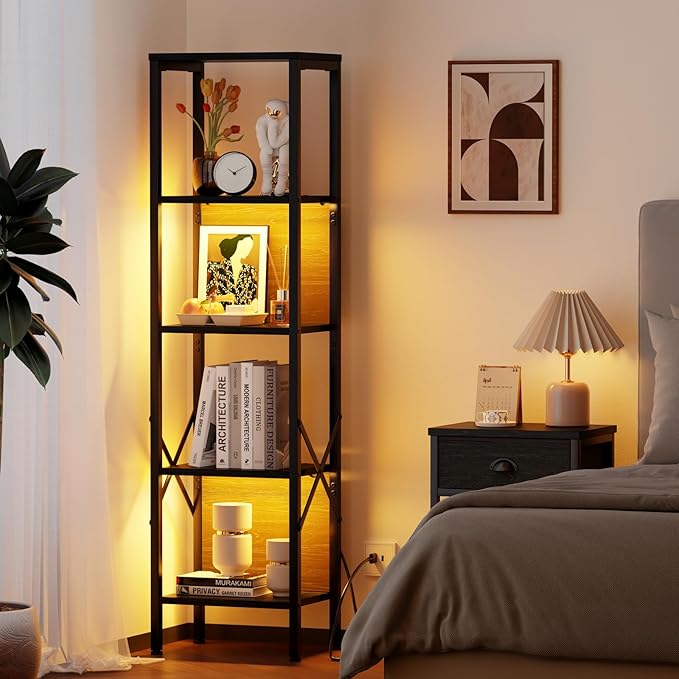Furologee 5 Tier Book Shelf with LED Light, Tall Display Bookcase with Back, Narrow Industrial Standing Shelving Units, Metal and Wooden Storage Rack for Bedroom, Living Room, Office, Black Oak - LeafyLoom