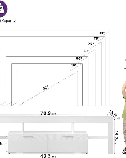Clikuutory Modern LED 71 inch long TV Stand with Storage Drawer for 50 55 60 65 70 75 80 Inch TVs, White Wood TV Console with High Glossy Entertainment Center for Gaming, Living Room, Bedroom - LeafyLoom