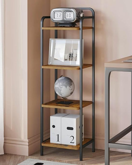 Bookcase Bookshelf, Narrow Book Shelf, Industrial Coner Shelf Storage Organizer, Slim Shelving Unit for Home Office, Living Room, Bedroom, Kitchen, 4-Tier Rustic Brown BC24401B - LeafyLoom