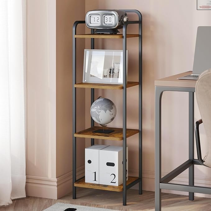 Bookcase Bookshelf, Narrow Book Shelf, Industrial Coner Shelf Storage Organizer, Slim Shelving Unit for Home Office, Living Room, Bedroom, Kitchen, 4-Tier Rustic Brown BC24401B - LeafyLoom