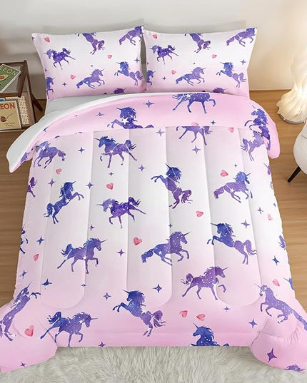 HOSIMA Kawaii Unicorn Comforter,Purple Unicorn with Stars and Love Heart Princess Toddler Bedding Set-Soft Microfiber King Size Comforter Set,Fairycore Room Decor Pink Comforter with 2 Pillowcases. - LeafyLoom