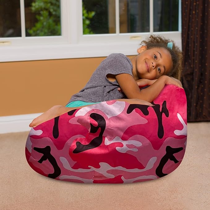 Posh Creations Bean Bag Chair for Kids, Teens, and Adults Includes Removable and Machine Washable Cover, Soft Nylon - Camo Pink and Black, 27in - Medium - LeafyLoom